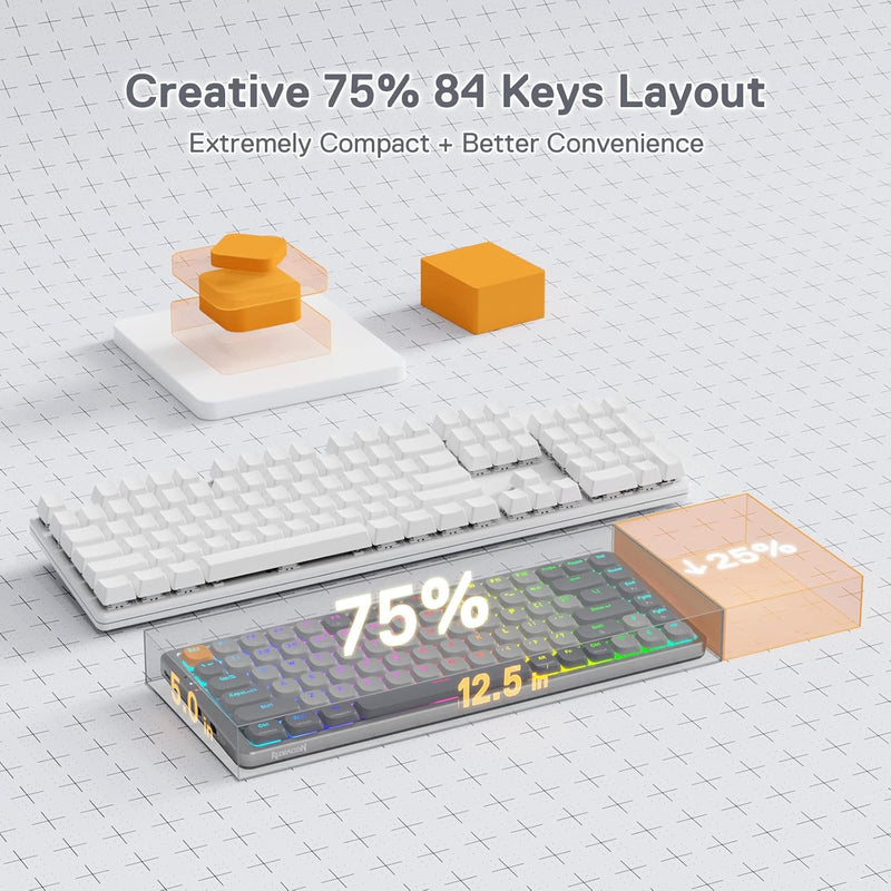 Redragon K652 75% RGB Mechanische Tastatur, Bluetooth/2,4ghz/kabelgebundener Tri-modus 84 Tasten Gam