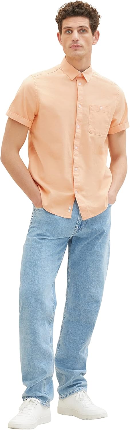 TOM TAILOR Herren Oxford Kurzarm-Hemd mit Stretch L 31200 - Washed Orange Chambray, L 31200 - Washed