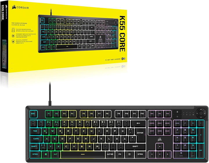 Corsair K55 CORE RGB Membran Kabelgebundene Gaming-Tastatur – Leise, Reaktionsschnelle Schalter – Sp
