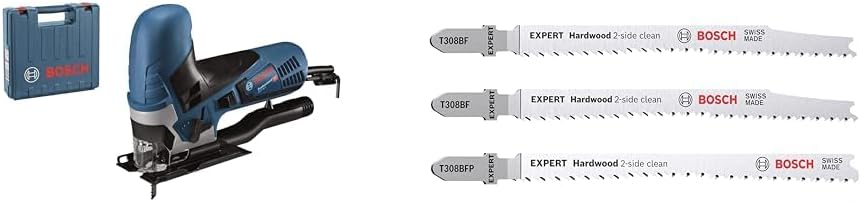 Bosch Professional Stichsäge GST 90 E (1x Sägeblatt, Absaug-Set, im Koffer) + 3x Stichsägeblatt Set