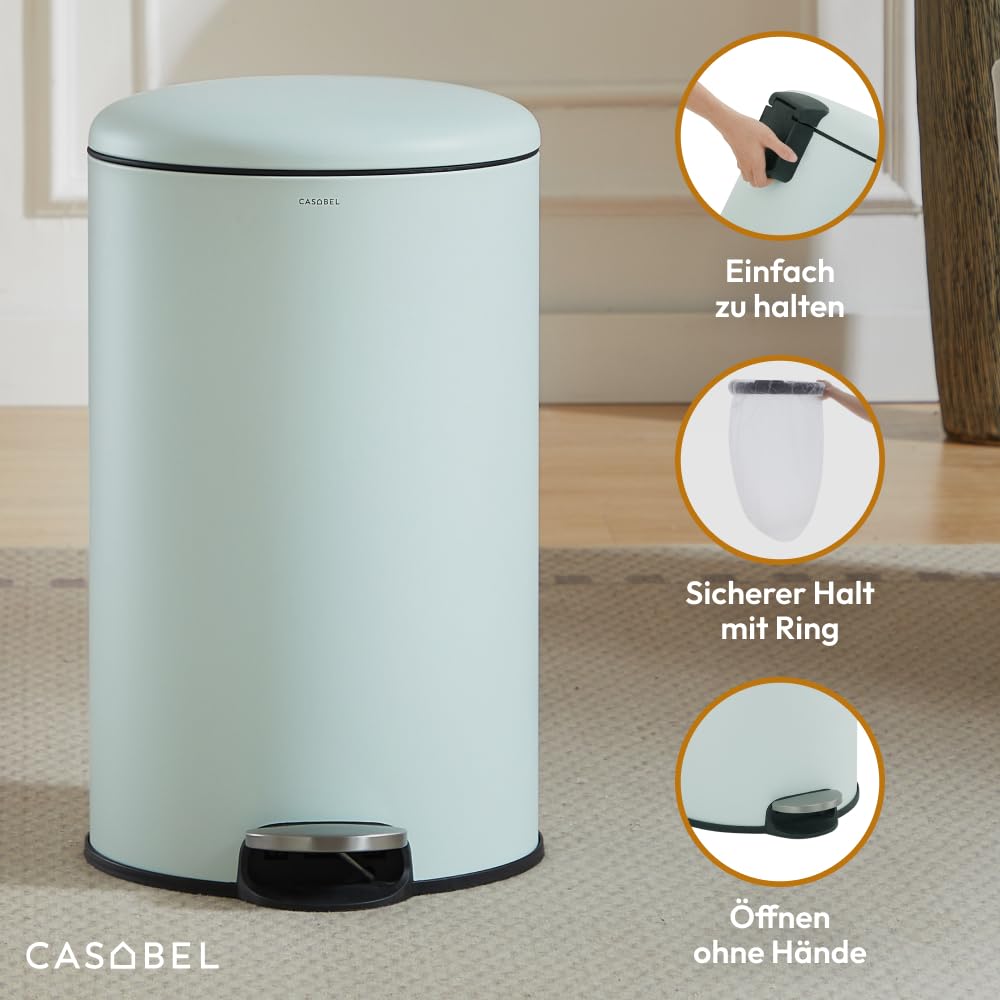 CASABEL runder Küchenabfalleimer 50L, Edelstahl, Mintgrün | Pedalöffnung, Soft-Close, fingerabdruckr