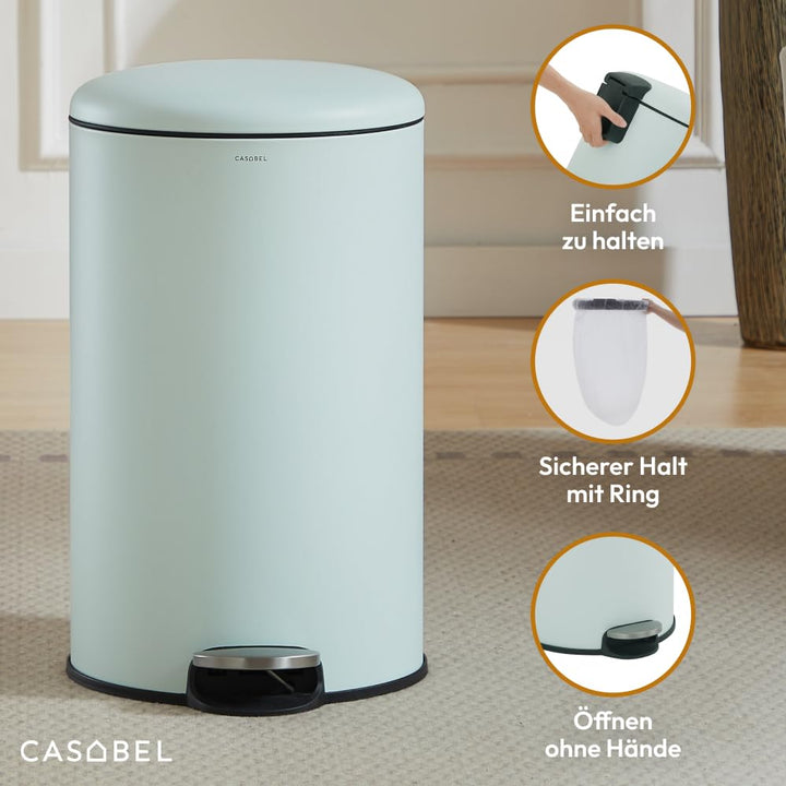 CASABEL runder Küchenabfalleimer 50L, Edelstahl, Mintgrün | Pedalöffnung, Soft-Close, fingerabdruckr