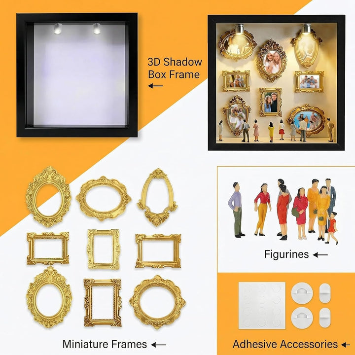 DIY Mini Museum Bilderrahmen Set mit LED Licht, Silhouettenbox mit 8 Mini Goldrahmen & Figuren, Krea