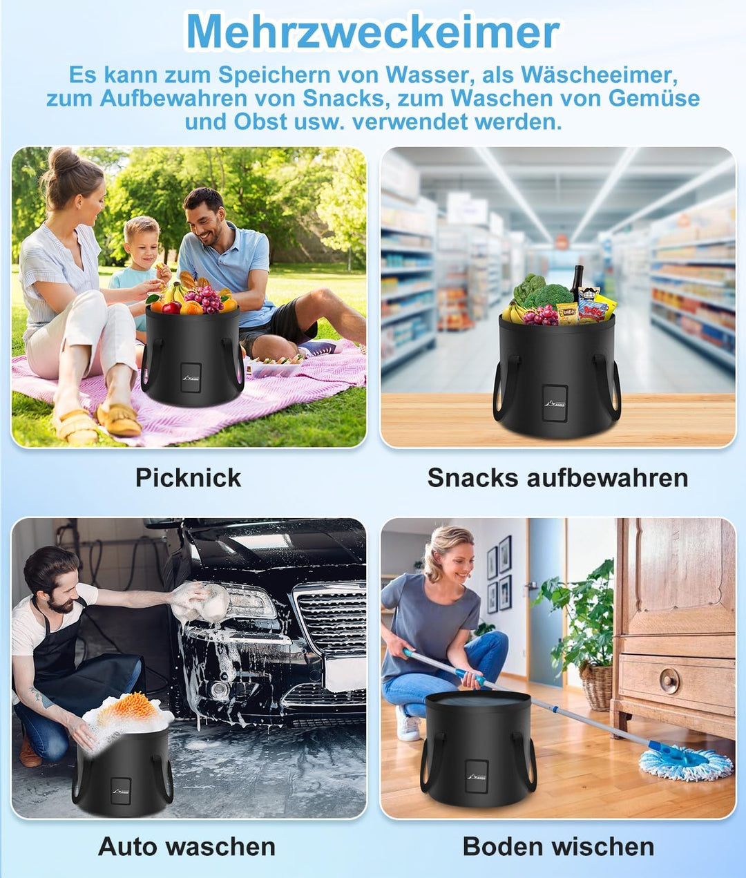 WADEO Tragbare Campingdusche Akku mit Pumpe und Eimer, Camping Dusche Outdoor mit wiederaufladbarem