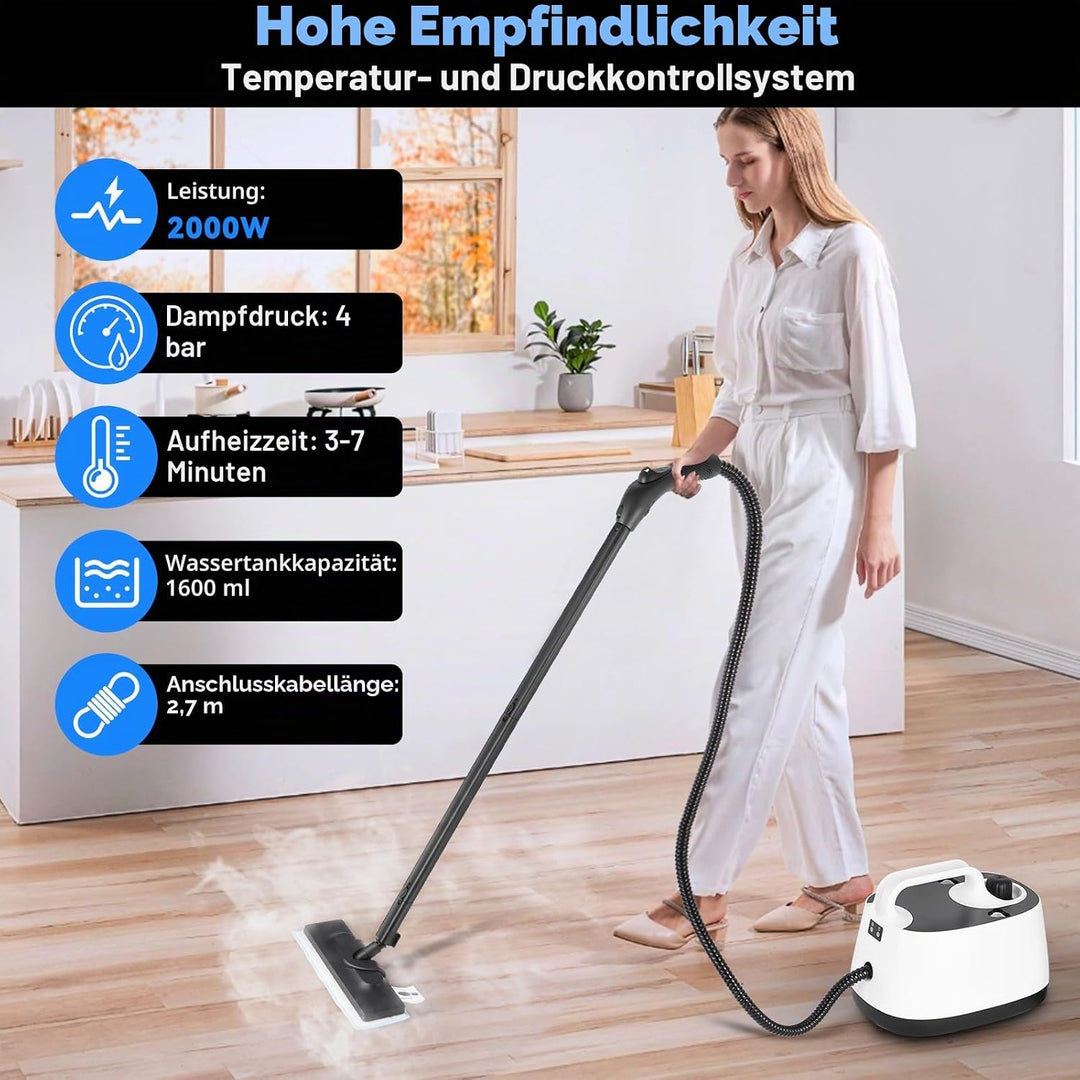 2000W Tragbarer Dampfreiniger Boden mit 1600-ml-Tank, Dampfdruck 4 bar, 15 Zubehörteile, Hochdruck D