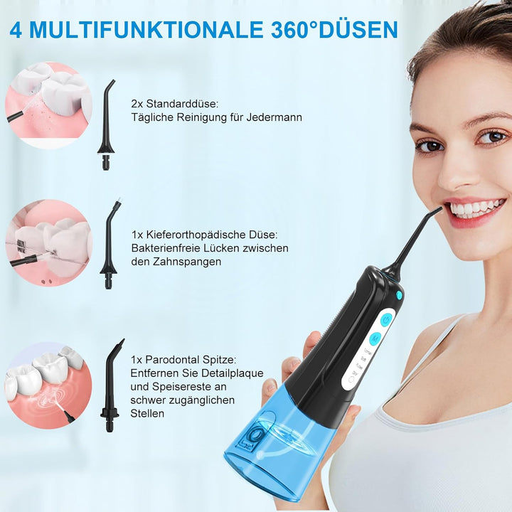 SURFOU Munddusche Kabellos Mundduschen 300ML 4 Modi 4 Düsen, Mundduschen Reise Water Flosser IPX7 Wa