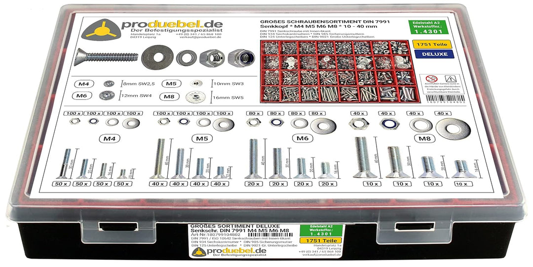 Grosses Schrauben-Sortiment DIN 7991 Senkkopf M4/M5/M6/M8 Edelstahl A2 V2A (DIN 7991+934+985+125+902