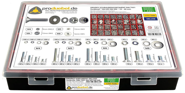 Grosses Schrauben-Sortiment DIN 7991 Senkkopf M4/M5/M6/M8 Edelstahl A2 V2A (DIN 7991+934+985+125+902