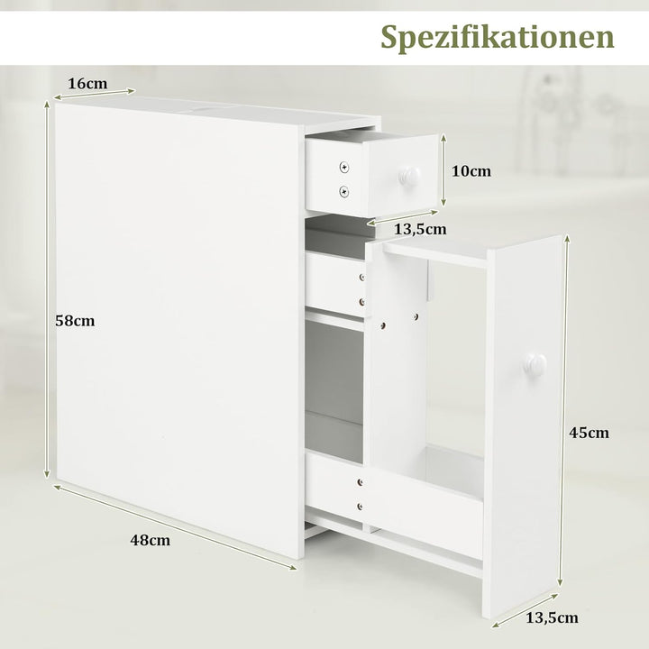 COSTWAY Nischenregal mit Schubladen, schmaler Nischenschrank aus Holz, Badschrank, Badregal, Seitens