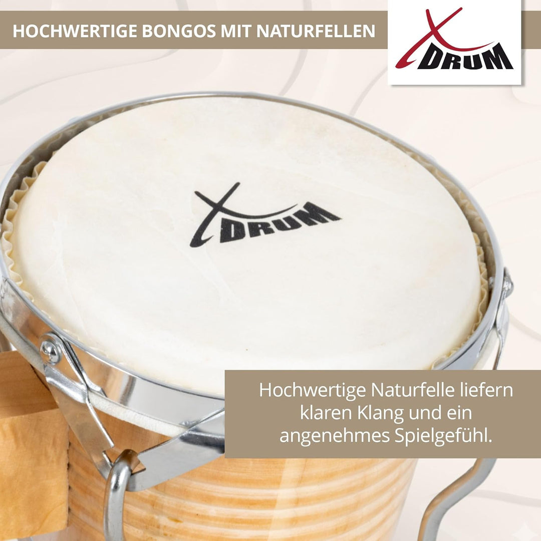 XDrum Bongos Pro Natur - 2 Trommeln mit 6,5" (17 cm) und 7,5" (20 cm) Durchmesser - Bongotrommeln mi
