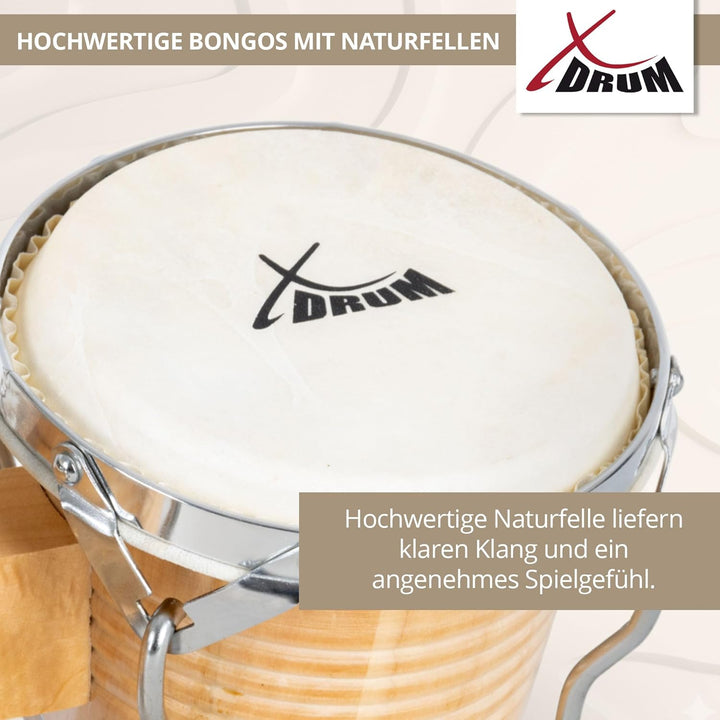 XDrum Bongos Pro Natur - 2 Trommeln mit 6,5" (17 cm) und 7,5" (20 cm) Durchmesser - Bongotrommeln mi