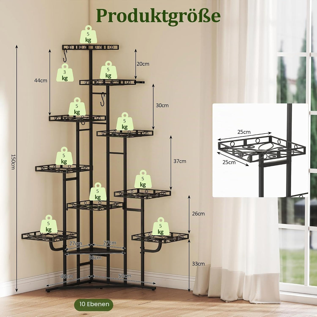 Quikraen 9 Ebenen Blumenständer, Pflanzenständer, 150cm, Metall, Schwarz | L-förmiges Design Pflanze