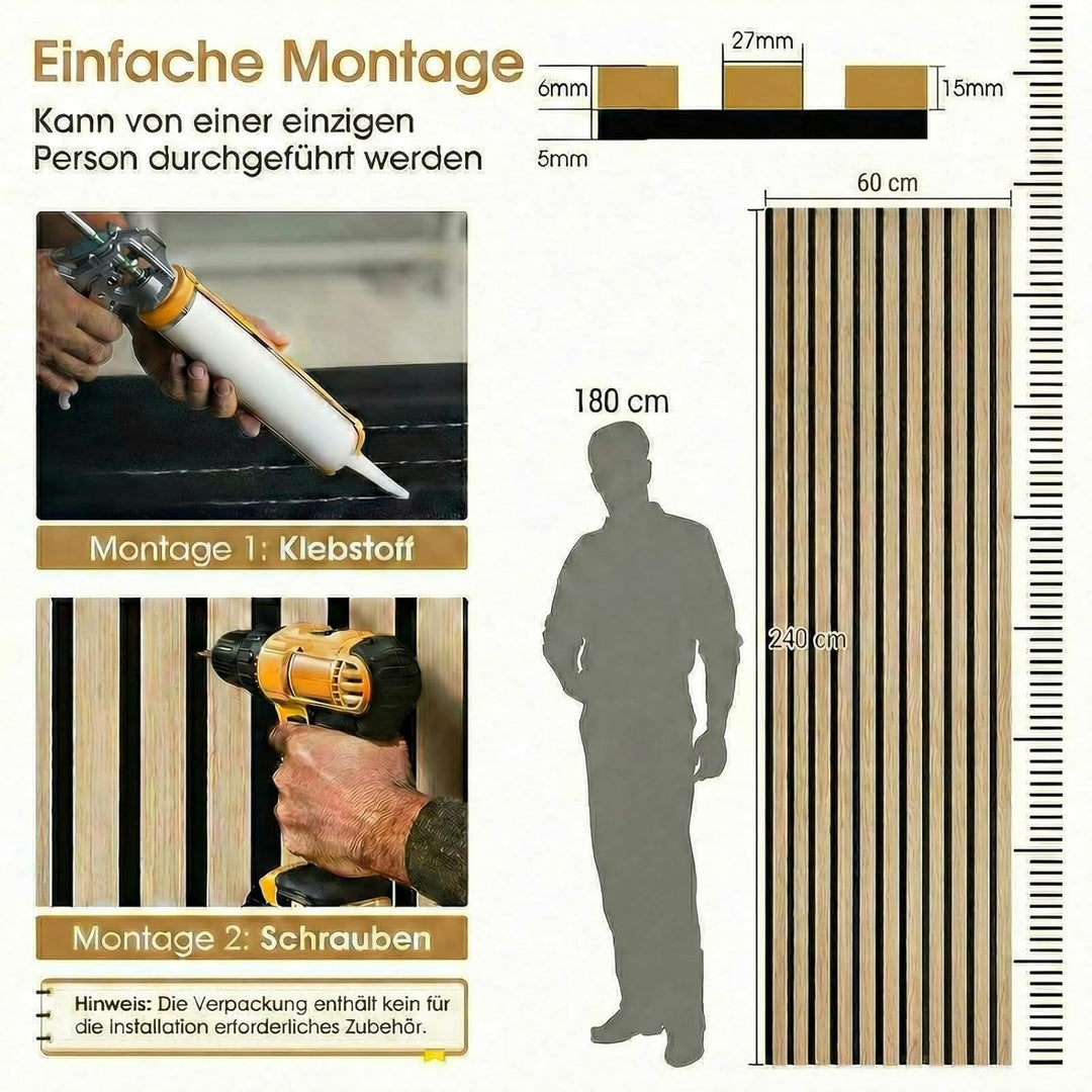 Akustikpaneele Holz 240x60cm, 4 Stück Wandpaneele mit Holzfurnier & Filz, Holzpaneele Wand Acoustic