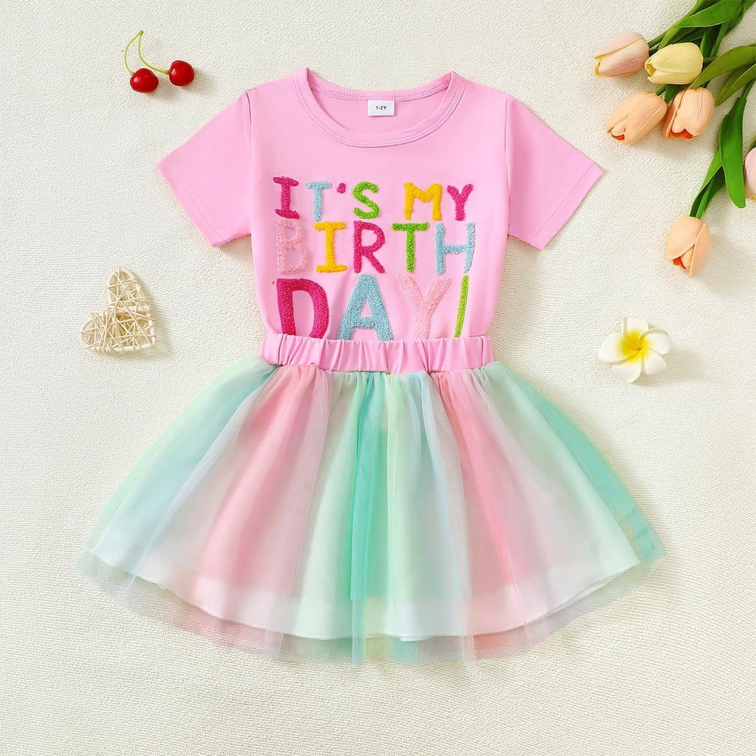 Kleinkind Baby Mädchen Geburtstag Outfit Birthday Girl Buchstabenstickerei T-Shirt Tutu Tüllrock Set