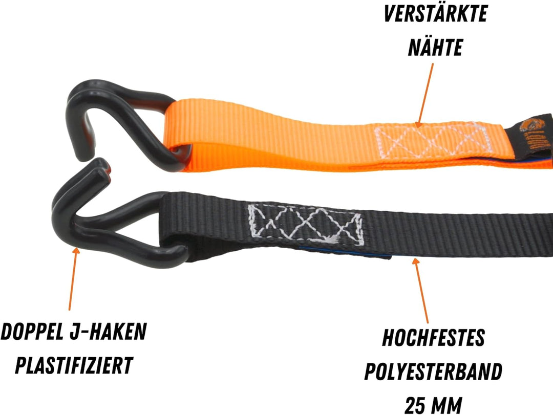 LODD – 4 Ratschen-Zurrgurte 4 m × 25 mm, 800 kg Belastbarkeit, kunststoffbeschichtete J-Haken, EN 12