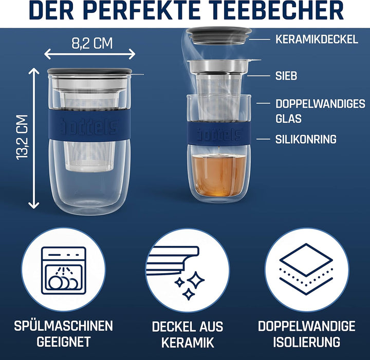 Glasbecher 380ml – Teebecher mit Sieb, Doppelwandig, Teetasse, Keramik-Deckel, Thermo-Glas Kaffeegla