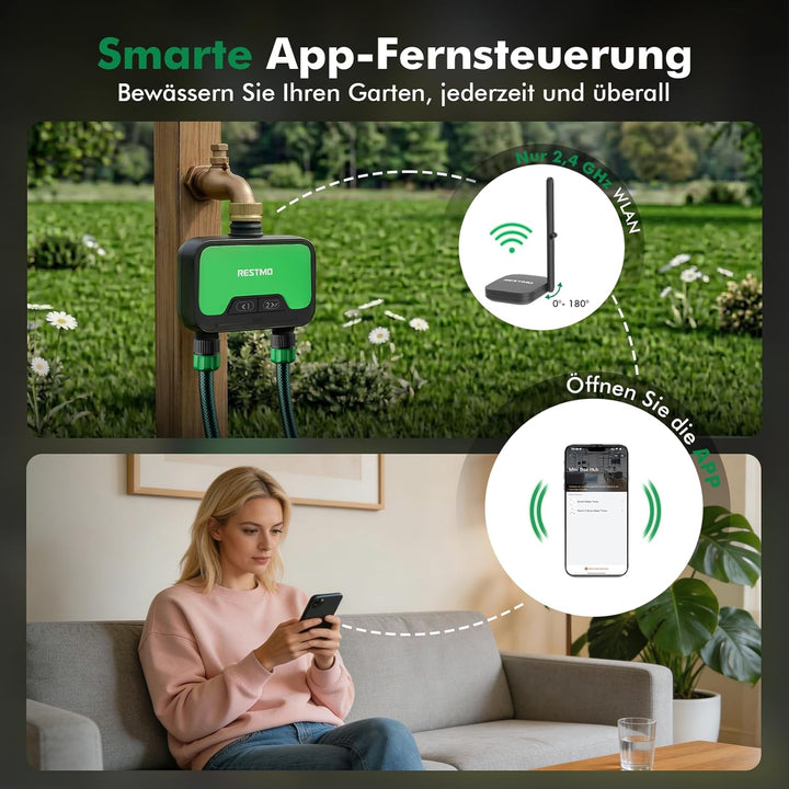 RESTMO 2 Zonen Bewässerungscomputer WLAN + RF Hub mit Durchflussmesser, Automatische Garten Bewässer