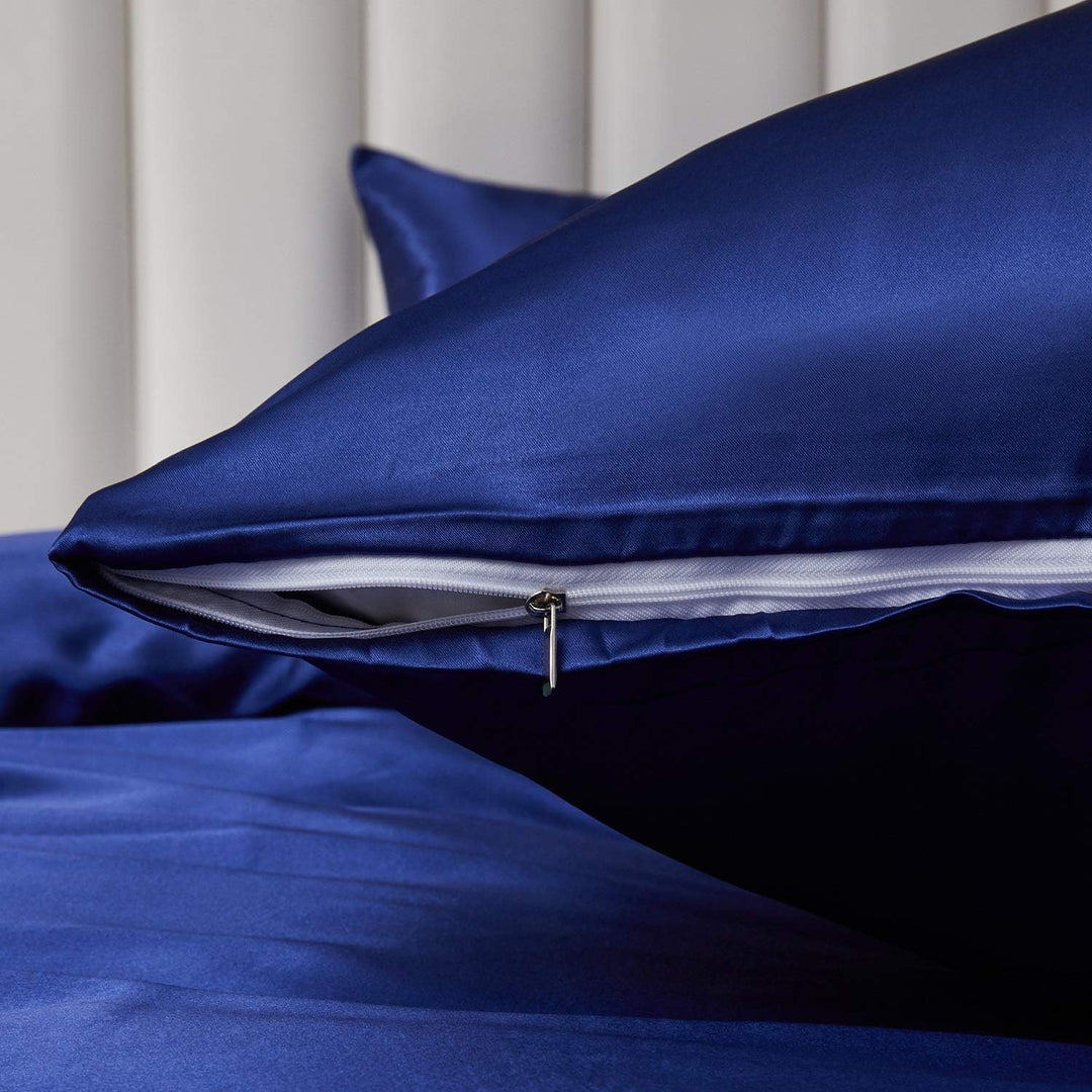 Boqingzhu Bettwäsche Seide Blau 135x200cm 4Teilig Uni Glatt Satin Glanzsatin Bettwäsche Set 2 Bettbe