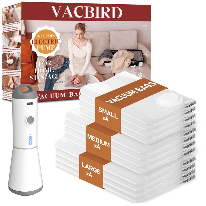 Vakuumbeutel für Kleidung mit Kabelloser Vakuumpumpe, 12er-Pack (4 gross, 4 mittelgross, 4 klein), W