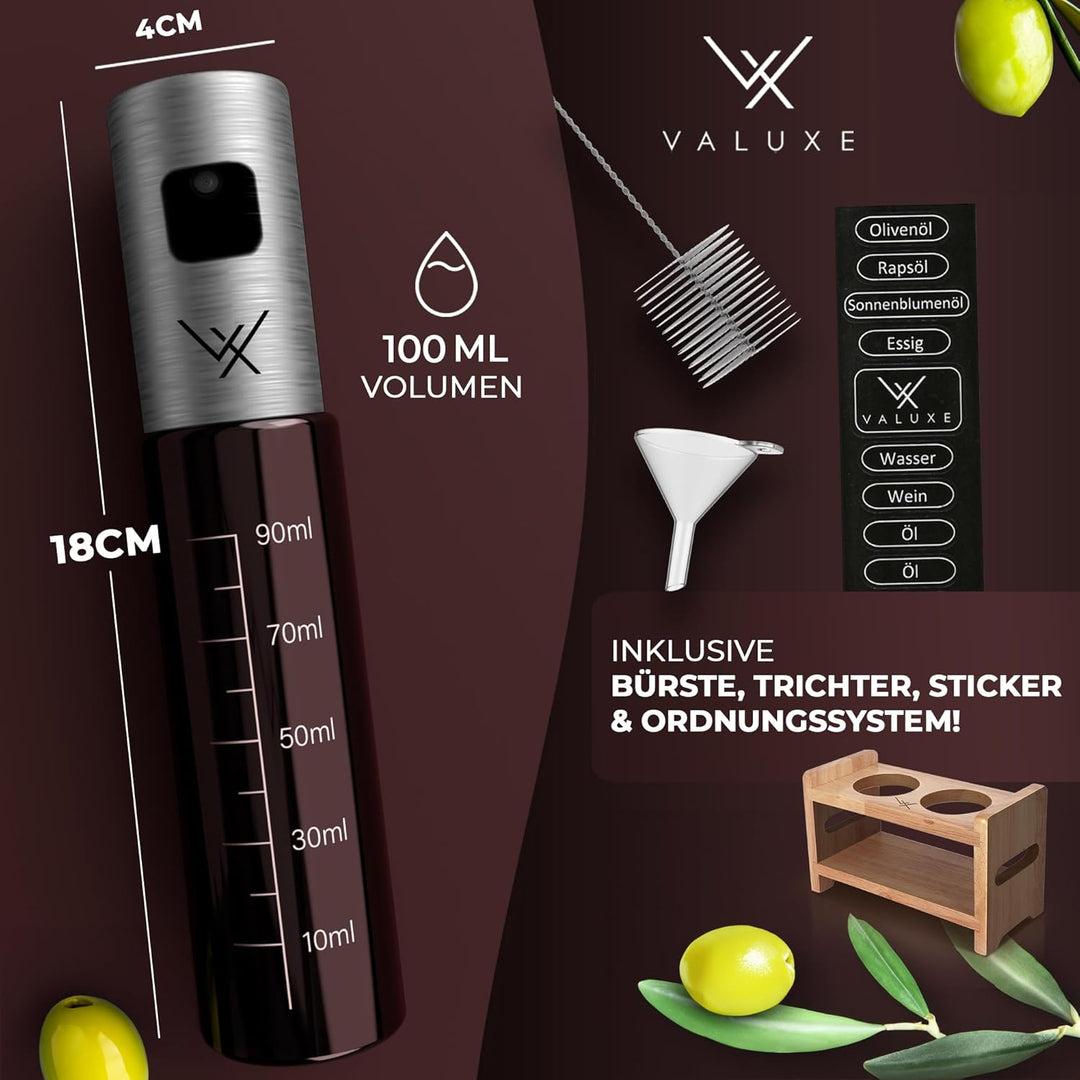 VALUXE® Ölsprüher für Speiseöl und Essig mit UV-Schutz Glas & Sprühfilter - 2er Set Edelstahl Öl-Spr