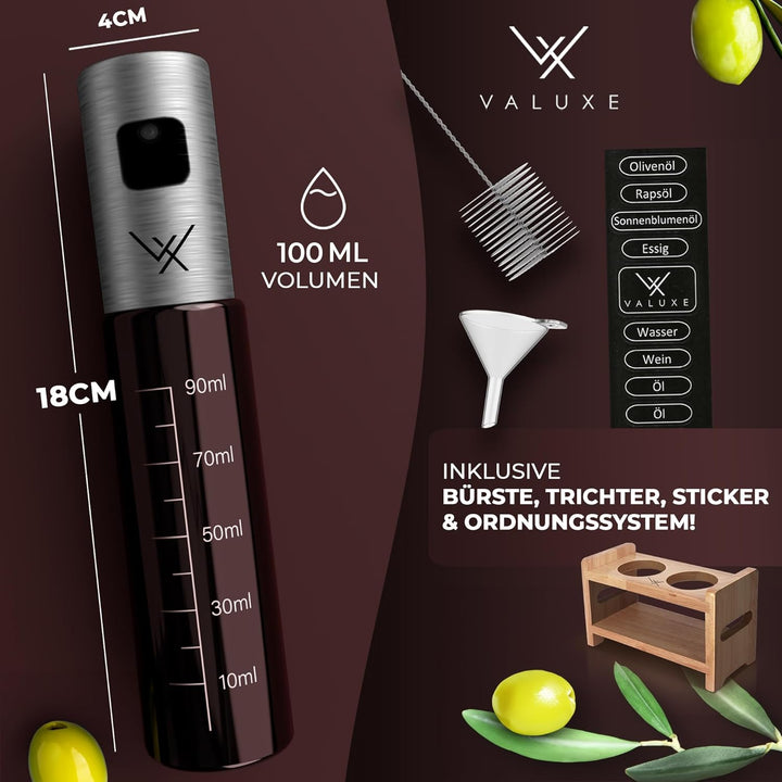 VALUXE® Ölsprüher für Speiseöl und Essig mit UV-Schutz Glas & Sprühfilter - 2er Set Edelstahl Öl-Spr