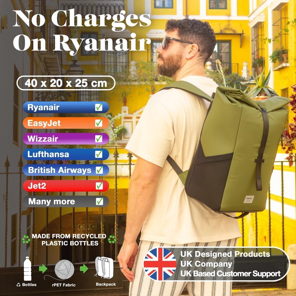 Cabin Max ISEO 40x20x25 Rolltop-Rucksack, Handgepäck, passend für Ryanair-Untersitz-Kabinentaschen (