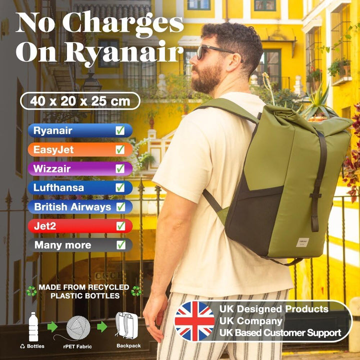 Cabin Max ISEO 40x20x25 Rolltop-Rucksack, Handgepäck, passend für Ryanair-Untersitz-Kabinentaschen (