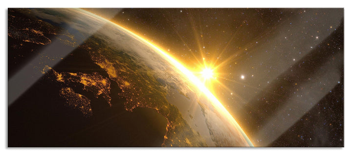 Glasbild Panorama | Wandbild aus Echtglas | Die Sonne und Erde im Weltall | 100x40 cm | inkl. Aufhän