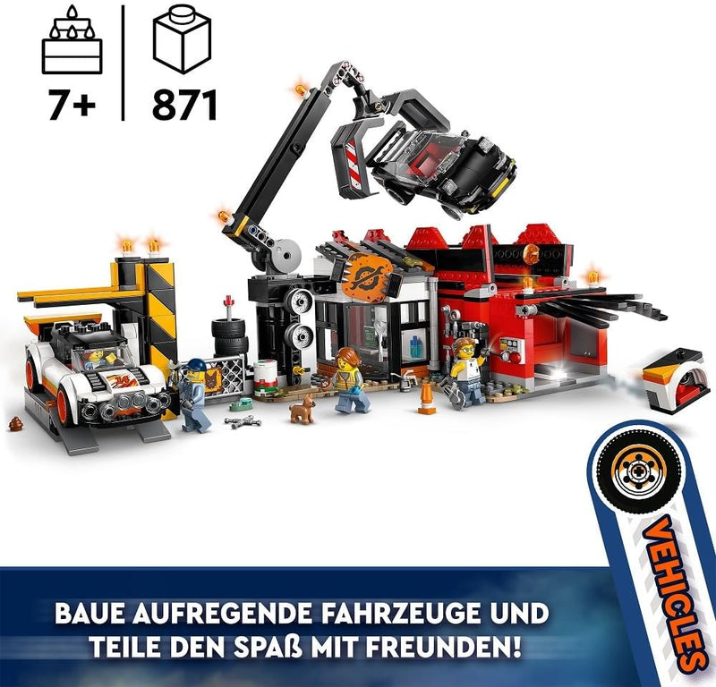 LEGO City Schrottplatz mit Autos - Spielzeug mit Schrottpresse und Kran, 2 Spielzeugautos, 4 Arbeite