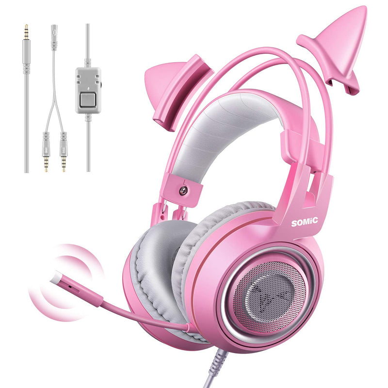 Somic G951S Rosa Gaming-Headset mit Mikrofon, Mädchen Frauen Rosa Katze Ohr-Kopfhörer mit 3,5-mm-Kab