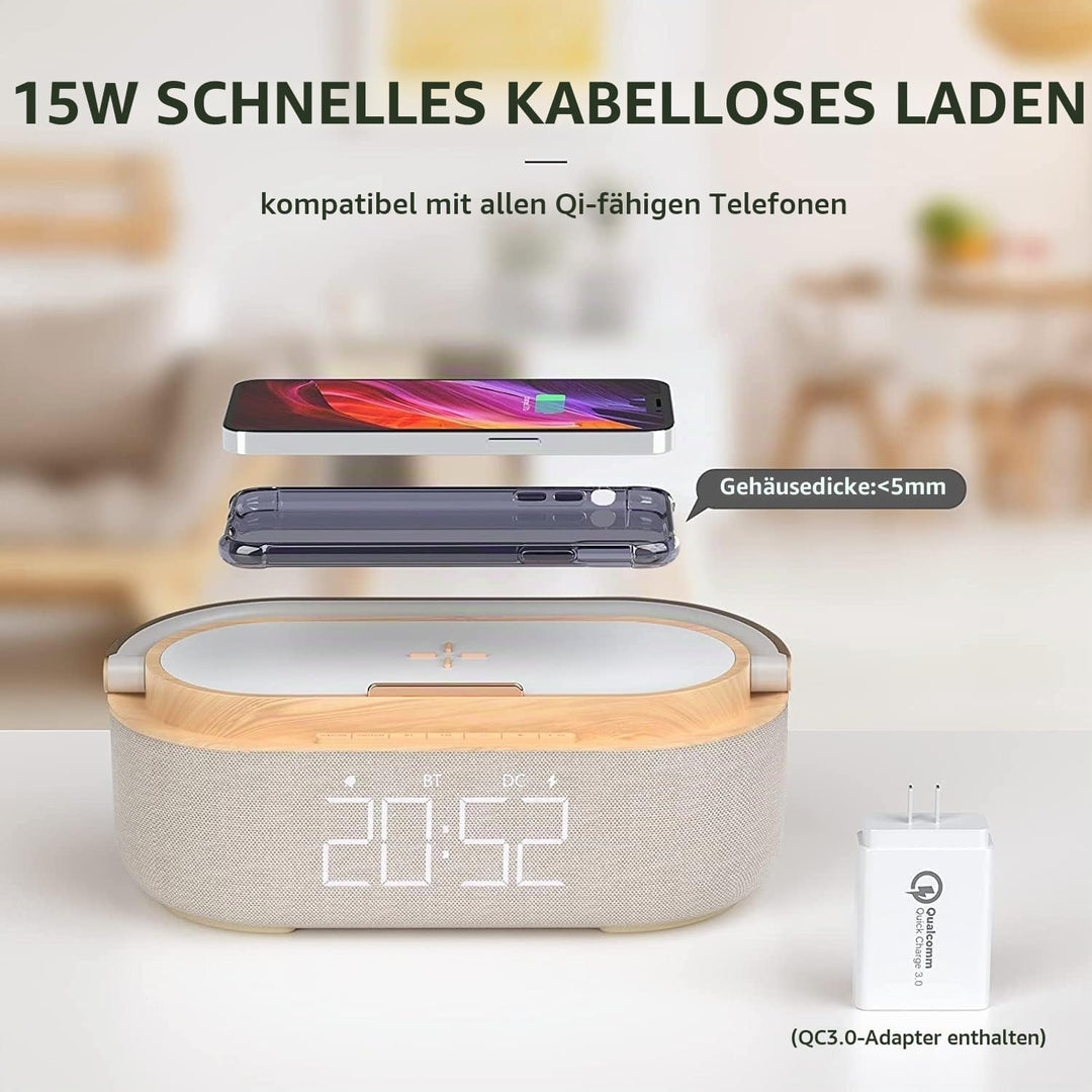 COLSUR Radiowecker Digital mit Wireless Charger, Bluetooth Lautsprecher mit USB-Ladegerät, Smart Wec