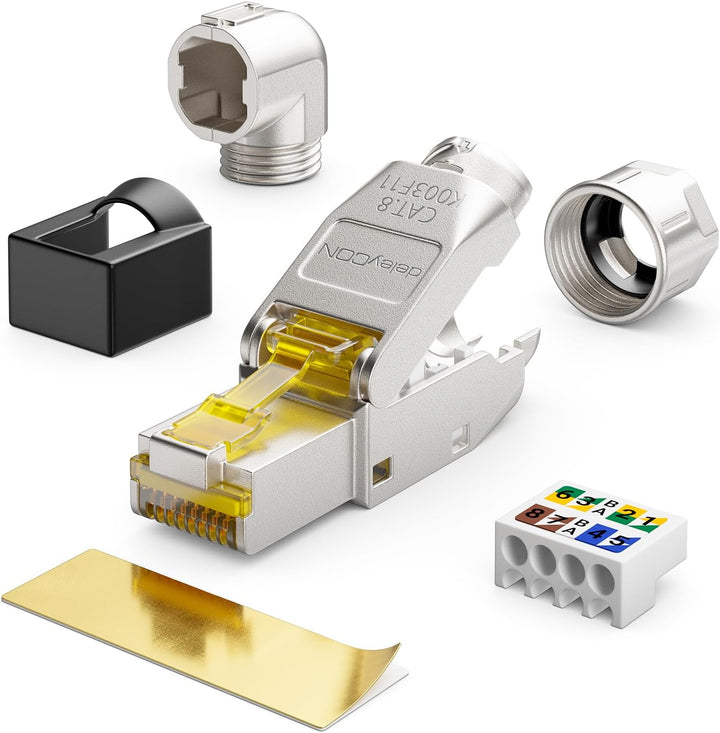 deleyCON 12x CAT 8 Netzwerkstecker 90° Winkel Stecker RJ45 Werkzeuglos Geschirmt 40 Gbit/s Netzwerk