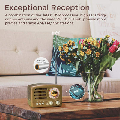 PRUNUS J-160 AM/FM/SW Retro Radio mit Bluetooth, Nostalgie Radio Klein mit 1800mAh Wiederaufladbare