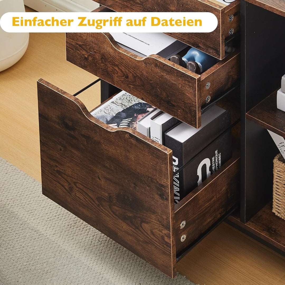 CLIPOP Rollcontainer mit 3 Schubladen und 2 Offene Fächer, mobiler Aktenschrank mit Steckdose, Büros