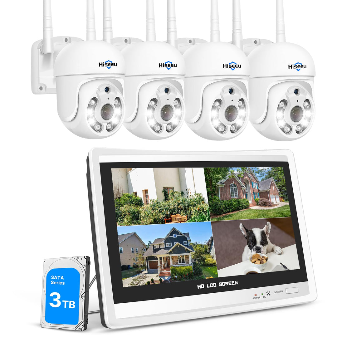 【5MP+PTZ】 Hiseeu Überwachungskamera Set Aussen WLAN mit 12''Monitor 10CH Wireless NVR,4 Pcs 5MP PTZ