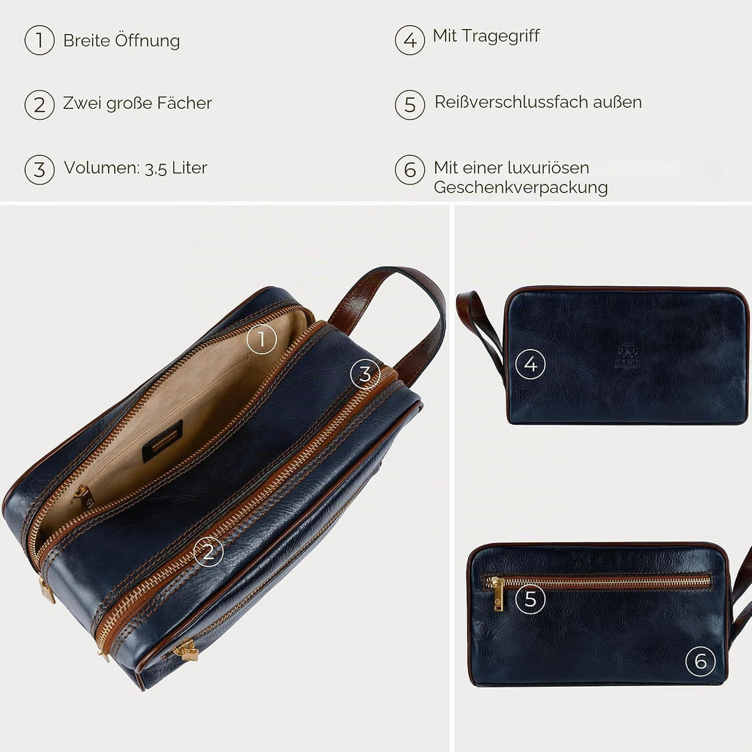 Kulturbeutel Leder Herren - Kosmetikbeutel - Waschtasche für Männer - 100% Echtleder - Hochwertige K