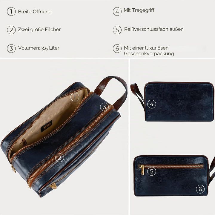 Kulturbeutel Leder Herren - Kosmetikbeutel - Waschtasche für Männer - 100% Echtleder - Hochwertige K