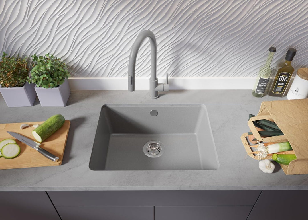 Unterbauspüle Granit Grau 56x44cm, Spülbecken 1 Becken + Ablauf-Set + Küchenarmatur, Granitspüle ab