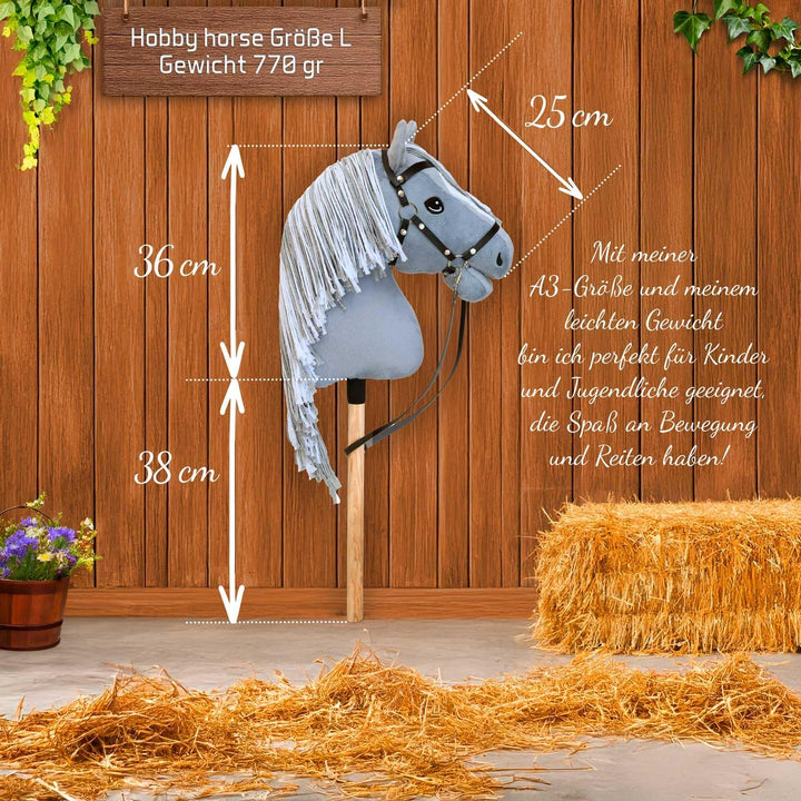 Hobby Horse grau A3, Pferd, komplett mit Netz, Gebiss, Zügel und blauer Insektenmütze, Pferdekopf fü