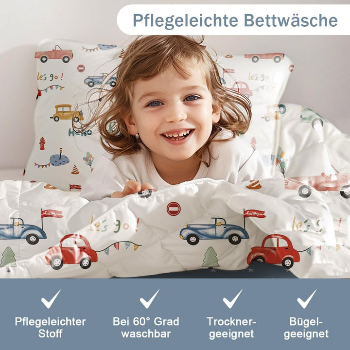 Freyamy Kleinkinder-Bettwäsche-Set 135x200,Cartoon Kinderbettwäsche für Mädchen Jungen,Autos Wendemo