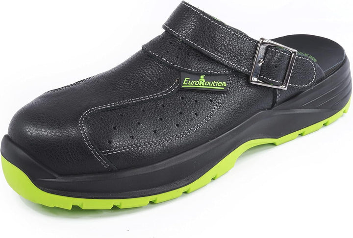 EUROROUTIER Premium Fenix Black Echtes Leder, Clogs, Sicherheitsschuhe, zertifiziert SB A-E-FO SRC,