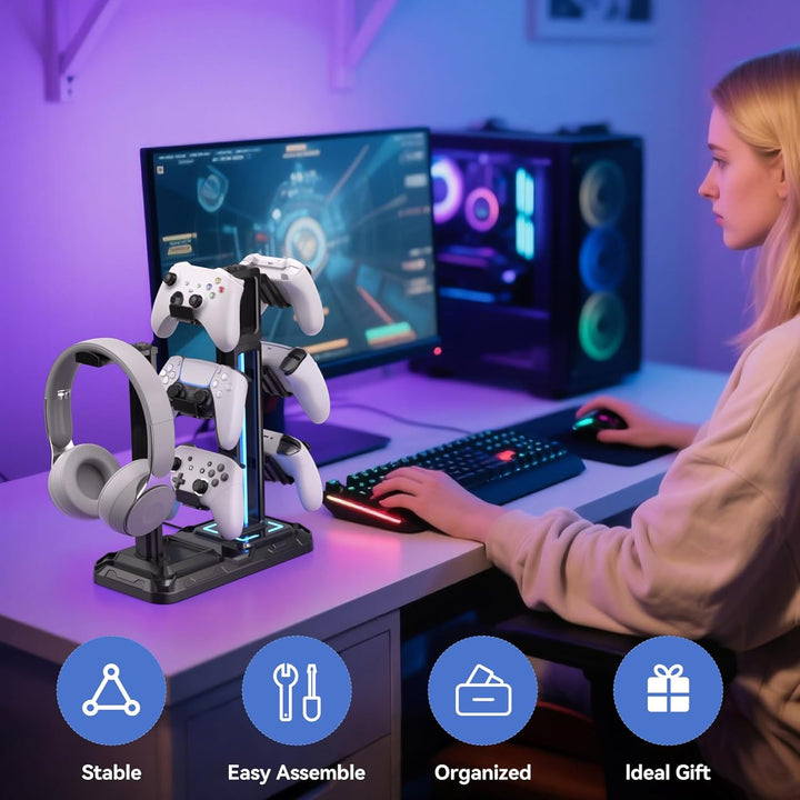 KDD Multi Gaming Headset Halterung mit 9 Lichtmodi - Drehbarer Controller Halter - Universal Kopfhör