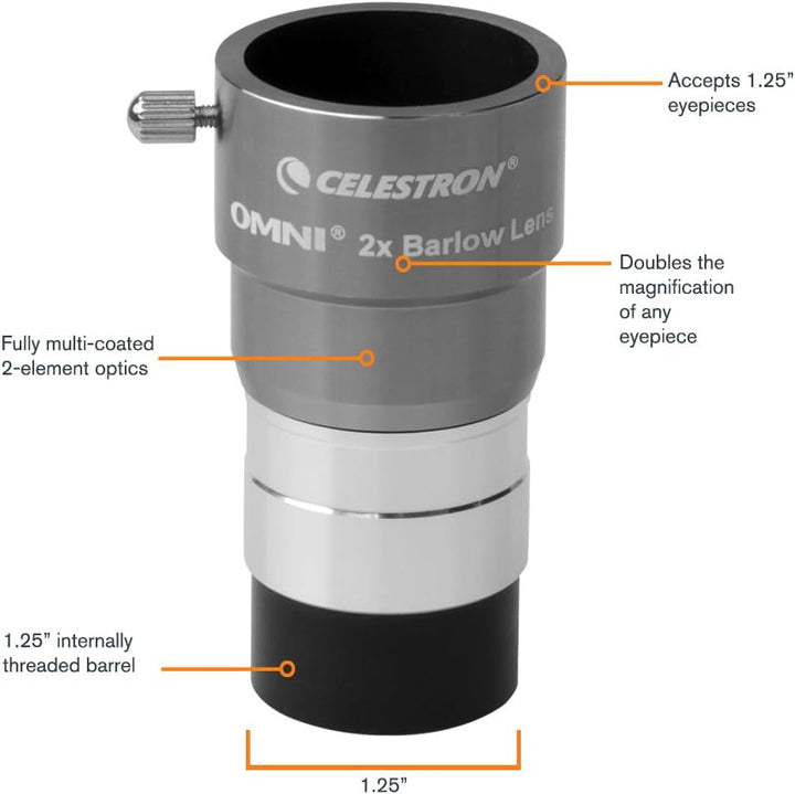 Celestron 93326 2 x 1,25'' Omni Barlowlinse Silber Single, Single