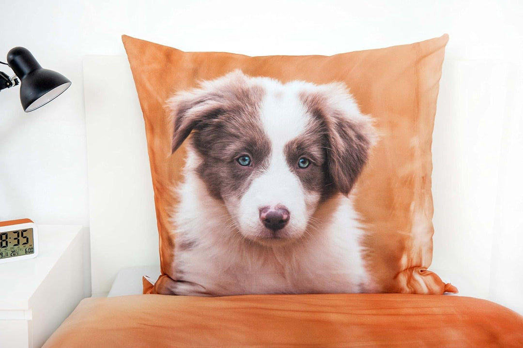 Klaus Herding GmbH Bettwäsche Set mit Hund Welpe135 x 200 cm 80 x 80 cm 100% Baumwolle