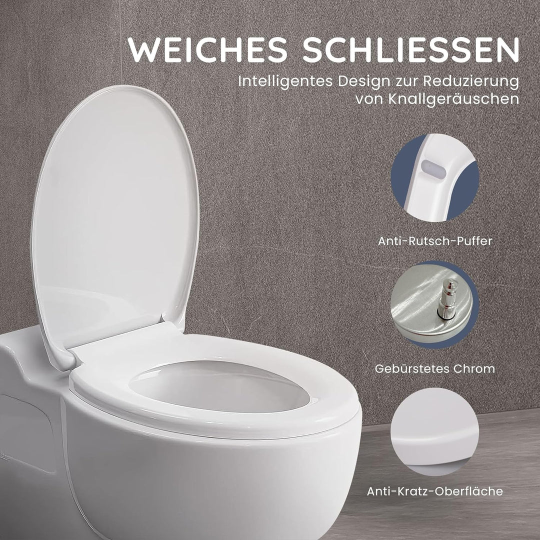 CUQOO WC-Sitz mit Absenkautomatik und Schnellverschluss – Ovaler Toilettensitz in Weiss | Verstellba