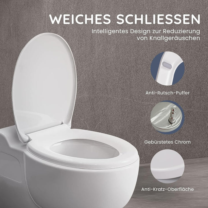 CUQOO WC-Sitz mit Absenkautomatik und Schnellverschluss – Ovaler Toilettensitz in Weiss | Verstellba