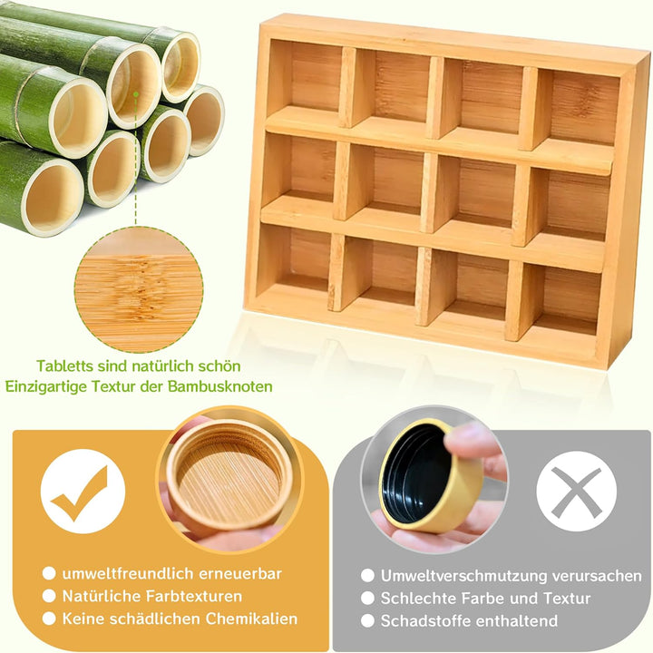 SIAZIH Umweltfreundliches Gewürzregal Holz mit 12 Bambusfächern | 12 120ml-Gewürzgläser Drawer Organ