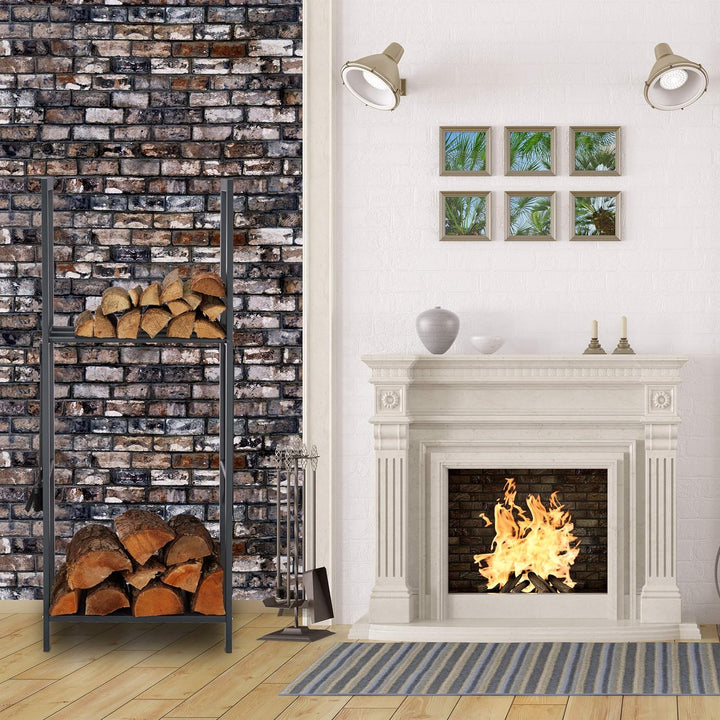 Relaxdays, anthrazit Kaminholzregal mit 2 Ablagen, aus Stahl, 4 Haken für Kaminbesteck, Brennholzreg