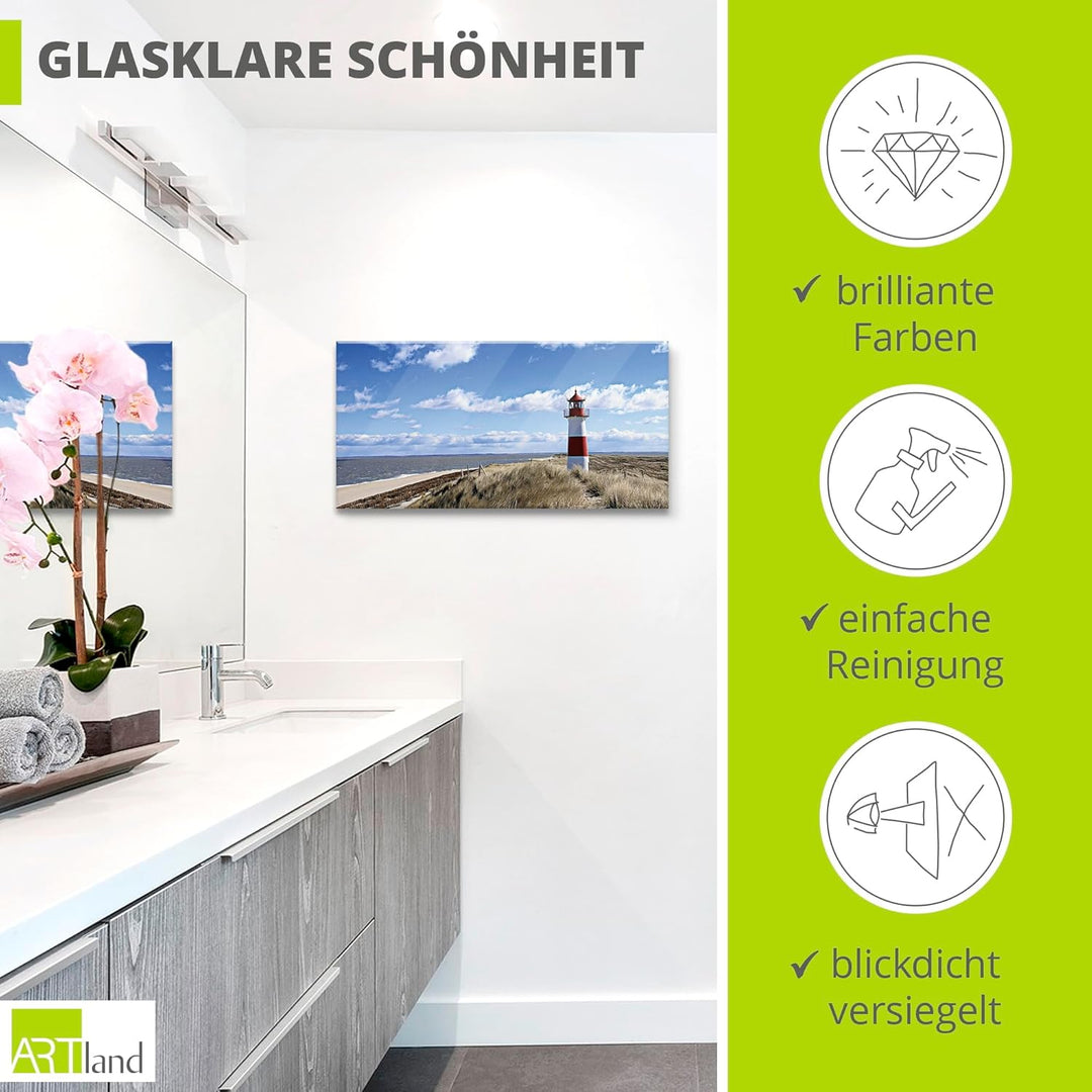 ARTland Glasbilder Wandbild Glas Bild einteilig 60x30 cm Querformat Strand Meer Nordsee Leuchtturm S