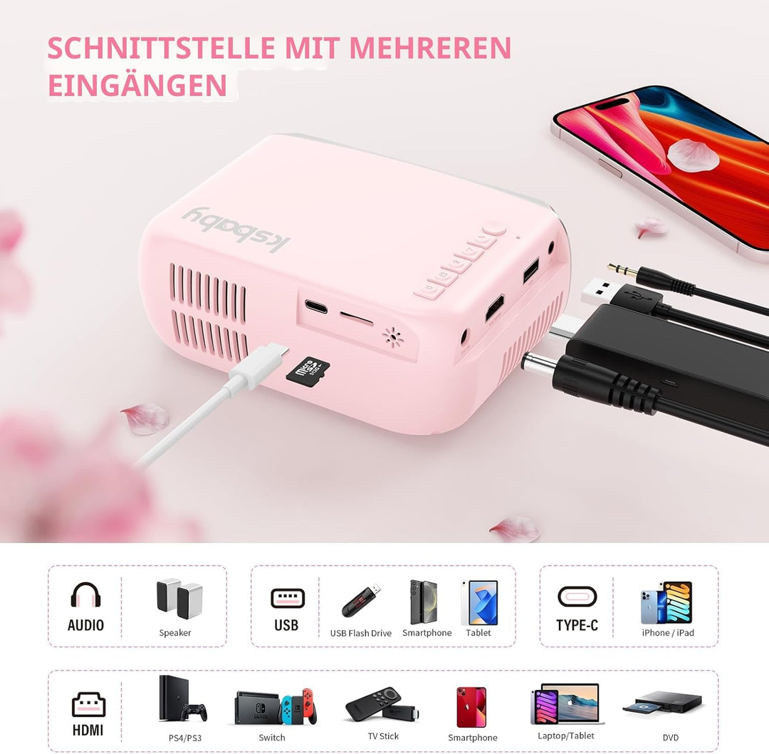 Tragbarer Beamer, ksbaby Aussen projektor, LED-ästhetischer Video-Mini projektor für tragbare Filme